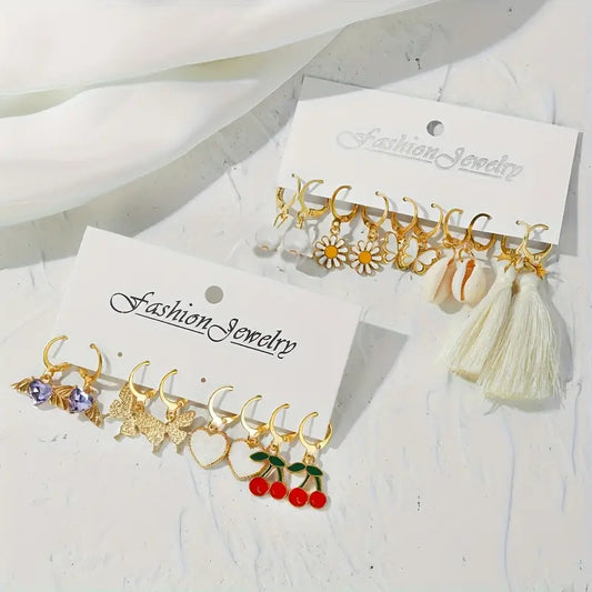 18pcs Set Daisy Cherry Tassel Card Earrings – Multifunctional Daily and Party Wear