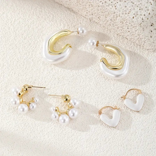 3 Pairs of Elegant Golden-Tone Hoop Earrings with Faux Pearl Accents